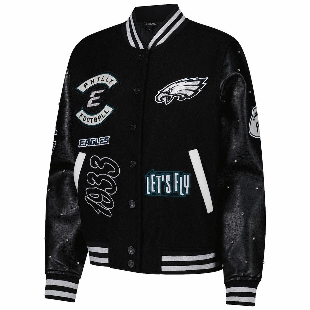 Philadelphia Eagles The Wild Collective Women's M Sparkle Studded Varsity Jacket